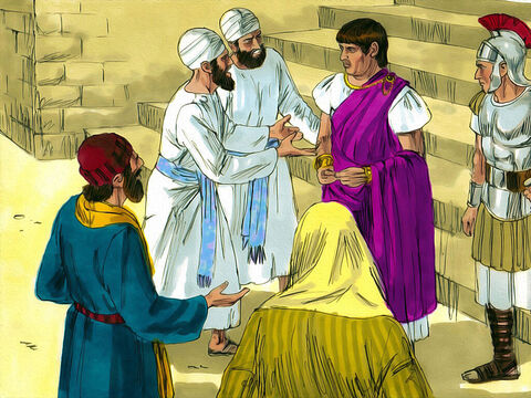 यीशु से पूछताछ करने के बाद, रोमी हाकिम पीलातुस ने महायाजकों और भीड़ से कहा, 'मुझे इस आदमी के खिलाफ कोई आरोप नहीं मिला।'<br/>उसने यीशु को शासक हेरोदेस अन्तिपास द्वारा मुकदमे का सामना करने के लिए भेजा, जिसने उसका मज़ाक उड़ाया, लेकिन यीशु के खिलाफ कोई भी आरोप सिद्ध नहीं हुआ। सो यीशु ने उसे पीलातुस के पास लौटा दिया। – Slide número 2