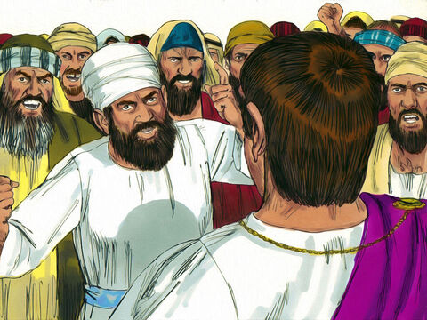 'तो तुम दोनों में से किसे चाहते हो कि मैं तुम्हारे लिए छोड़ दूं?' पीलातुस से पूछा। 'बरअब्बा,' वे चिल्लाए।<br/>पीलातुस ने पूछा, 'मैं यीशु के साथ क्या करूं जो मसीह कहलाता है?' सब ने उत्तर दिया, 'उसे क्रूस पर चढ़ाओ!'<br/>'क्यों? उसने क्या अपराध किया है?” पीलातुस से पूछा। परन्तु वे और भी ऊँचे शब्द से चिल्लाए, 'उसे क्रूस पर चढ़ा दो!' – Slide número 6