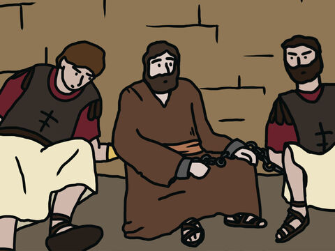 जब हेरोदेस उसे लोगों के सामने लाने को था, उसी रात पतरस दो जंजीरों से बंधा हुआ दो सिपाहियों के बीच में सो रहा था। – Slide número 4
