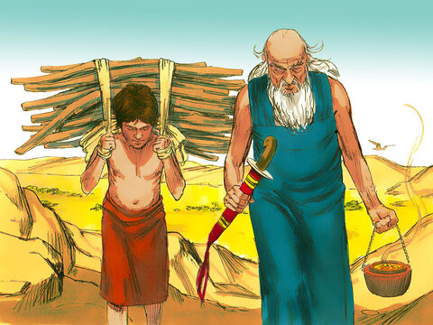 अब्राहम ने होमबली के लिए लकड़ी लेकर इसहाक पर लाद दी और खुद आग और छुरी लेकर चल पड़ा। – Slide número 9
