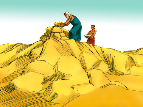 और चोटी पर, अब्राहम ने एक वेदी बनाई और उसपर लकड़ी रखी। – Slide número 11