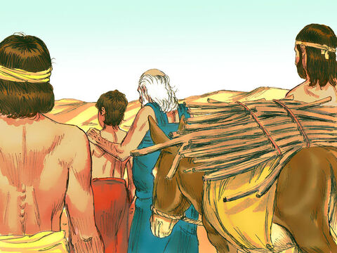 इसके बाद अब्राहम और इसहाक इंतजार कर रहे सेवकों के पास लौट आए और दक्षिण मे बेर्शेबा की ओर चल पड़े जहा पर वे रहा करते थे। – Slide número 15