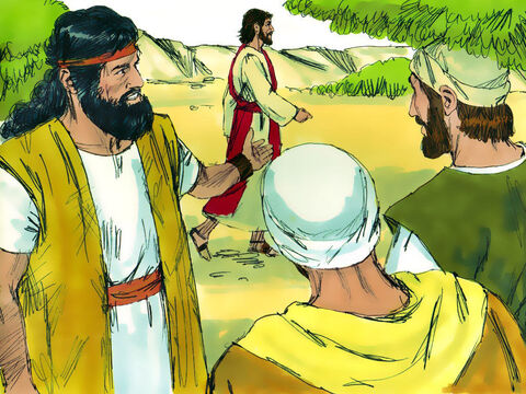 अगले दिन, जब यूहन्ना अपने दो शिष्यों के साथ खड़ा था, यीशु वहाँ से चला गया। यूहन्ना ने उसे गौर से देखा और फिर घोषणा की, 'देखो! परमेश्वर का मेमना!' – Slide número 2