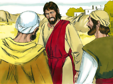 यूहन्ना के साथ वे दो चेले तुरन्त यीशु के पीछे हो लिए। यीशु ने मुड़कर देखा कि वे पीछे आ रहे हैं। 'तुम क्या चाहते हो?' उसने उनसे पूछा। 'महोदय,' उन्होंने उत्तर दिया, 'आप कहाँ रह रहे हैं?''आओ और देखो,' यीशु ने कहा। – Slide número 3