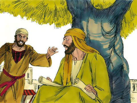 फिलिप्पुस नतनएल नामक एक मित्र को खोजने गया। वह एक अंजीर के पेड़ की छाया में बैठा था। फिलिप्पुस ने कहा, 'हमें मसीहा मिल गया है!' 'जिस व्यक्ति के बारे में मूसा और नबियों ने बताया था! उसका नाम यीशु है, नासरत से!' – Slide número 9