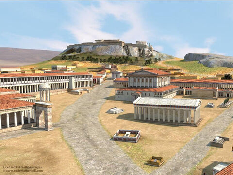 दिमित्रिस साल्कानिस द्वारा एथेंस (लगभग 400 ईसा पूर्व) का यह 3डी पुनर्निर्माण बाजार स्थान (अगोरा) को अग्रभूमि में दिखाता है। मार्स हिल (एरिओपैगस) दाईं ओर पृष्ठभूमि में लंबी चट्टानी सपाट सतह है। एरियोपैगस के न्यायाधीश वहां मिलते थे। ऐन्शिएंट एथेंस 3डी की अनुमति से उपयोग की गई छवि। – Slide número 2