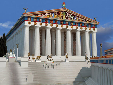 जॉन गुडिनसन द्वारा पार्थेनन का 3डी पुनर्निर्माण। यह मंदिर देवी एथेना को समर्पित था, जिन्हें एथेंस के लोग अपना संरक्षक मानते थे। – Slide número 10