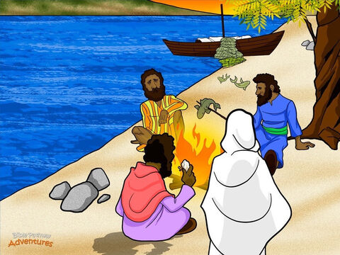 जब चेले किनारे पर पहुँचे, तो उन्होंने आग पर मछली और रोटी के साथ देखा। "कुछ मछलियाँ ले आओ जो तुमने अभी पकड़ी हैं," येशु ने कहा। उनके पेट बड़बड़ाते हुए, भूखे शिष्यों ने उन्हें अपने जाल से मछली सौंप दी। उनमें से किसी ने भी उससे यह पूछने की हिम्मत नहीं की, "तुम कौन हो?" वे अपने दिलों में जानते थे कि यह उनका पुनर्जीवित राजा है। उस सुबह शिष्यों ने किनारे पर बैठकर ताजी मछली और रोटी का स्वादिष्ट नाश्ता खाया। खाने के बाद, यीशु ने पतरस की ओर रुख किया। "क्या तुम मुझसे प्रेम करते हैं?" उसने उससे तीन बार पूछा। पतरस ने जमीन की ओर देखा। वह अब भी शर्मिंदा महसूस कर रहा था कि उसने मसीहा को जानने से इनकार कर दिया था। "हाँ, तुम जानते हो कि मैं तुमसे प्यार करता हूँ," उसने हर बार कहा। “तो मेरी भेड़ों को चरा,” येशु ने कहा। वह चाहता था कि पतरस अपने लोगों, इस्राएल की देखभाल और शिक्षा करे। मसीहा अपने चेलों के सामने मरे हुओं में से जी उठने के बाद कई बार प्रकट हुए। उसने उनके साथ बार-बार परमेश्वर के राज्य के बारे में बात की और समझाया कि कैसे पवित्रशास्त्र ने उसकी ओर इशारा किया है। और उसने उन्हें महत्वपूर्ण निर्देश दिए। “हर जगह जाओ और शिष्य बनाओ। उन्हें वह सब करना सिखाओ जो मैंने तुम्हें सिखाया है। और स्मरण रखना, मैं सदा तेरे संग हूं, यहां तक ​​कि पृथ्वी की छोर तक भी।” – Slide número 15