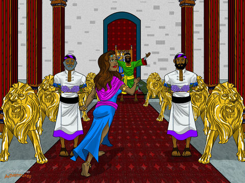 एक शाम को ऊंटों के साथ कारवां राजा के महल के बाहर रुक गए। रानी यरूशलेम पहुँच गई थी। सुलैमान उससे उसके सिंहासन कक्ष में मिला। "ब्रुचिम हबैम ले येरुशालैम!" उसने कहा। "यरूशलेम में आपका स्वागत है!" रानी ने चौड़ी आँखों से कमरे के चारों ओर देखा। बारह स्वर्ण सिंहों ने सिंहासन की रक्षा की। विशाल लकड़ी के खंभे हवा में ऊंचे उठे। "इतने सारे नौकर! इतने अच्छे कपड़े! ” वह फुसफुसाई। "मैंने इन बातों पर तब तक विश्वास नहीं किया जब तक कि मैंने उन्हें स्वयं नहीं देखा।"<br/>सुलैमान ने रानी के लिए एक बड़ी दावत रखी। भोजन, दाखरस और संगीत ने महल को भर दिया। संगीतकारों ने अपने वाद्य बजाए, और सभी ने तब तक खाया और पिया जब तक वे भर नहीं गए। बाद में, रानी ने सुलैमान से कई कठिन प्रश्न पूछे। लेकिन एक भी सवाल ऐसा नहीं था जिसका जवाब वह न दे सके। उसकी बुद्धि परमेश्वर की ओर से आई थी।<br/>रानी ने कहा, "मैंने अपने देश में तुम्हारे बारे में जो सुना वह सच है।" "आप मेरी कल्पना से ज्यादा अमीर और समझदार हैं। उस परमेश्वर की स्तुति करो जिस ने तुम्हें इस्राएलियों का राजा बनाया है।” उसने सुलैमान को बहुत से तोहफे दिए, जिनमें उससे भी अधिक मसाले थे जो उसने कभी नहीं देखे थे। और बदले में सुलैमान ने उसे वह दिया जो उसका दिल चाहता था। – Slide número 12