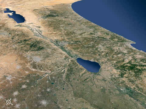 उत्तर-पूर्व से दक्षिण-पश्चिम की ओर देखते हुए इस्राएल और आसपास के क्षेत्रों का हवाई दृश्य। – Slide número 6