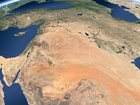 दक्षिण-पूर्व से मध्य पूर्व का हवाई दृश्य। उत्तर (मेसोपोटामिया) में यूफ्रेट्स और टाइग्रेस नदी के मैदान दिख रहा है। – Slide número 14
