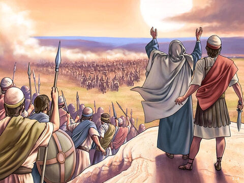 बाराक, दबोरा और दस हजार पुरूष ताबोर पर्वत पर इकट्ठे हुए।  सेनापति सीसरा ने अपने साथ कीशोन नदी के घाटी में 900 रथों के साथ 30,000 हथियारों से लैस लोगों को इकट्ठा किया। हालांकि वे संख्या में अधिक थे, दबोरा ने कहा, 'जाओ! यह वह दिन है जब यहोवा ने सीसरा को तेरे हाथ में कर दिया है। क्या यहोवा तुझ से आगे नहीं गया?' बराक ने अपने 10,000 आदमियों को आक्रमण के लिए प्रेरित किया। – Slide número 4