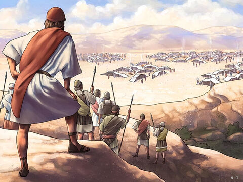 गिदोन और उसके 32,000 लोगों ने पानी के सोते के पास डेरे डाले। उनके उत्तर की ओर 1,35,000 मिद्यानी सैनिकों की शत्रु छावनी थी। यद्यपि वे बहुत अधिक थे, तौभी यहोवा ने गिदोन को आज्ञा दी, कि जो कोई डरे, वह घर चले जाए। गिदोन ने प्रभु के वचन को सुनाया और 22,000 लोगों ने घर लौटने का विकल्प चुना, उसके पास अब केवल 10,000 सैनिक थे। परमेश्वर वास्तव में गिदोन के विश्वास की परीक्षा ले रहा था। – Slide número 1
