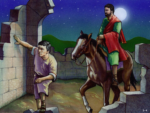 यरूशलेम में तीन दिनों के बाद, एक रात नहेमायाह और कुछ मित्र यरूशलेम की उजड़ी हुई दीवारों को देखने और नुकसान का आकलन करने के लिए निकल पड़े। यह एक दुखद दृश्य था और टूटी हुई दीवार के कुछ हिस्से थे जहाँ नहेमायाह को उस जानवर से उतरना पड़ा जिस पर वह सवार था क्योंकि वहाँ से कोई रास्ता नहीं था। उन्होंने घाटी के द्वार से शुरुआत की और दीवार के चारों ओर अपना काम किया। नहेमायाह हर समय योजना बना रहा था कि काम कैसे किया जा सकता है। – Slide número 4