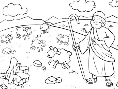 एक दिन मूसा यित्रो की भेड़ों की देखभाल कर रहा था। यित्रो उनके ससुर थे। वह परमेश्वर के पर्वत सिनाई पर आया। – Slide número 1