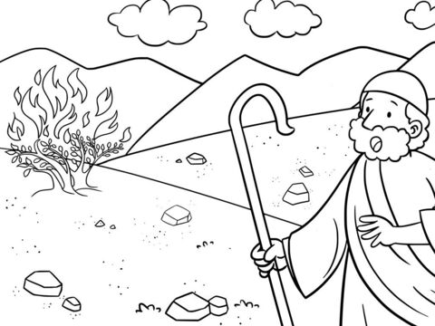 वहाँ यहोवा के दूत ने एक झाड़ी से निकलती हुई आग की लपटों में मूसा को दर्शन दिया। मूसा ने देखा कि झाड़ी में आग लगी है, परन्तु वह जल नहीं रही है। वह देखने के लिए करीब गया। – Slide número 2