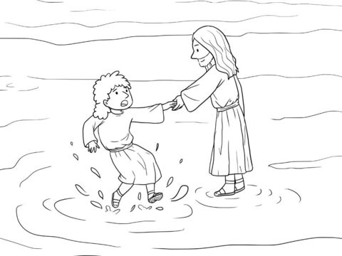 पतरस ने उस को उत्तर दिया, हे प्रभु, यदि तू है, तो मुझे जल पर होकर तेरे पास आने की आज्ञा दे।<br/>यीशु ने कहा, 'आओ।'<br/>इसलिये पतरस नाव से उतर कर पानी पर चला और यीशु के पास आया। परन्तु जब पतरस ने हवा को देखा, तो डर गया, और डूबने लगा, और चिल्लाकर कहा, 'हे प्रभु, मुझे बचा ले।'<br/>यीशु ने तुरन्त हाथ बढ़ाकर उसे थाम लिया, और उस से कहा, हे अल्पविश्वासी, तू ने सन्देह क्यों किया? – Slide número 3