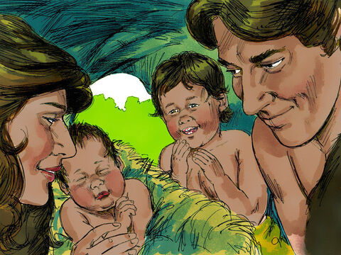 आदम और हव्वा के पुत्र उत्पन्न हुआ और उन्होंने उसका नाम कैन रखा। बाद में, हव्वा ने एक और पुत्र को जन्म दिया और उसका नाम हाबिल रखा गया। – Slide número 1
