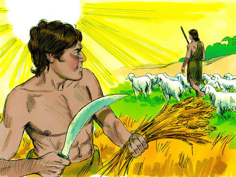 एक दिन कैन ने अपने भाई से खेतों में चलने के लिए कहा। – Slide número 6
