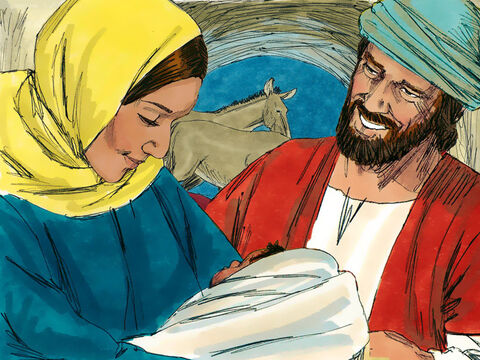 उसी रात मरियम ने अपने पहले पुत्र को जन्म दिया। उसने उसे कपड़े में लपेटा और चरनी में लिटा दिया। – Slide número 15