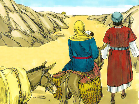 रात के दौरान यूसुफ उठा और मरियम और छोटे बच्चे यीशु के साथ बेतलेहेम से मिस्र की लंबी यात्रा पर दक्षिण की ओर चल पड़े। – Slide número 11