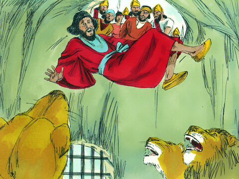 इसके बाद राजा ने दानियेल पर आरोप लगाने वालों को शेरों के मांद में फिकवा दिया। शेरों ने उन्हें फाड़ ड़ाला और उनके हड्डियां तक चबा गए। – Slide número 13