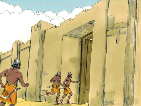 और जब अमोनियों को पता चला कि अरामी भाग गए हैं तो वे भी भागे और नगर के भीतर चले गए। – Slide número 10