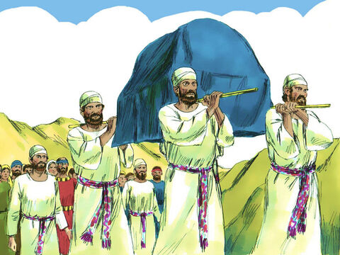 और लेवियों और दाऊद ने श्वेत मखमली वस्त्र पहने थे किनान्न्याह गाने वालों के झुण्ड का नेतृत्व कर रहा था। – Slide número 14