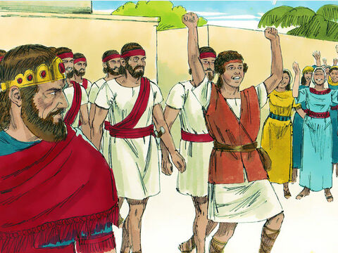 दाऊद के गोलियत को मारने के बाद वह एक नायक की तरह लौटा, जिससे राजा शाऊल को बहुत क्रोध आया और वह दाऊद से ईर्ष्या करने लगा। – Slide número 3