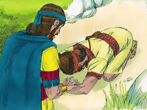 और जब वह लड़का चला गया तो दाऊद अपने छिपने के स्थान से बाहर आया और तीन बार योनातान के सामने जमीन की तरफ मुहं किये हुए झुककर अभिवादन किया। – Slide número 22