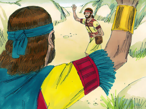 और दोनों मित्र विदा हुए। दाऊद जाकर छिप गया और योनातान अपने घर पर वापस लौट आया। – Slide número 24