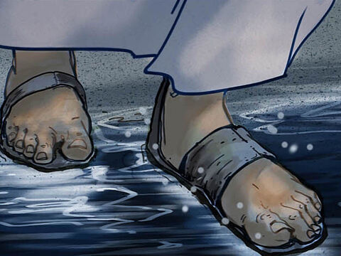 सुबह करीब तीन बजे यीशु मसीह पानी पर चलते हुए चेलों के पास आया। – Slide número 4