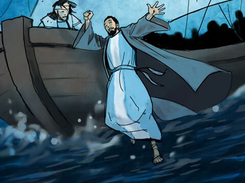 तब पतरस नाव पर से उतरकर यीशु मसीह के पास जाने को पानी पर चलने लगा। – Slide número 8