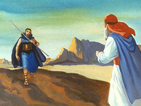 एलिय्याह ने राजा के सेवक ओबद्याह को देखा। नबी ने कहा, 'जाओ और अपने अहाब से कहो कि एलिय्याह लौट आया है।' ओबद्याह राजा के पास फुर्ती से गया। – Slide número 13