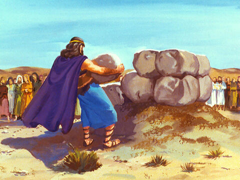 पहले एलिय्याह ने बारह पत्थर लिए और यहोवा की एक टूटी हुई वेदी को बनाया। – Slide número 33