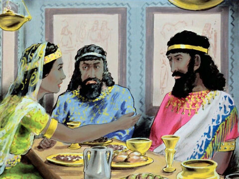 रात्रिभोज के समय, एस्तेर का एकमात्र अनुरोध यह था कि राजा और हामान अगली शाम फिर से उसके साथ रात्रिभोज करेंगे। – Slide número 32