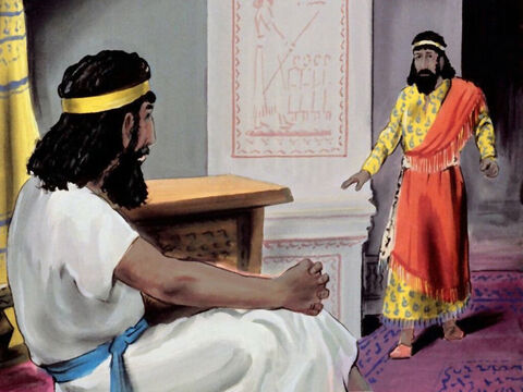 अगली सुबह राजा ने हामान को बुलवाया और पूछा, 'मैं उस आदमी के साथ क्या करूँ जिसका मैं आदर और सम्मान करना चाहता हूँ?' – Slide número 35