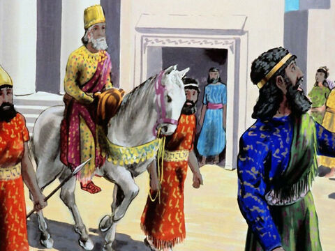 इसलिए हामान को मोर्दकै को राजा के कपड़े पहनाने पड़े, और सार्वजनिक रूप से उसे राजा द्वारा विशेष रूप से सम्मानित घोषित करना पड़ा। – Slide número 39