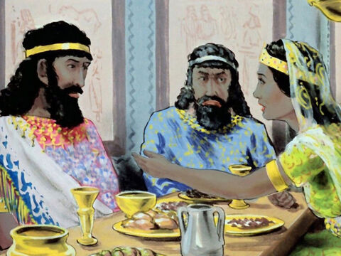 बाद में, रात्रि भोज के समय, एस्तेर ने राजा को बताया कि वह एक यहूदी महिला है, और उससे अपने लोगों को बचाने की विनती की। – Slide número 40
