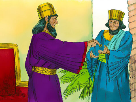 राजा ने अपनी अंगूठी उतारकर हामान को दे दी। और कहा अपना धन अपने पास रख और इन लोगों के साथ अपने मन के अनुसार बर्ताव कर। – Slide número 20