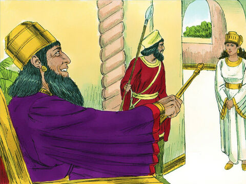 अध्याय 5: तीसरे दिन एस्तेर अपने राजकीय वस्त्र पहनकर राजा के भीतरी आंगन के सामने खड़ी हो गई। जब राजा ने उसे देखा तो वह प्रसन्न हो गया और उसकी जान बख्शने के लिए अपना सोने का राजदंड उसकी ओर बढ़ा दिया। – Slide número 8