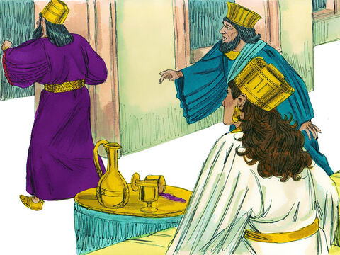 एस्तेर ने कहा, ‘हमारा शत्रु, यह धूर्त हामान’ है। हामान घबरा गया और राजा आग-बबूला होकर महल के बगीचे में चला गया। – Slide número 3
