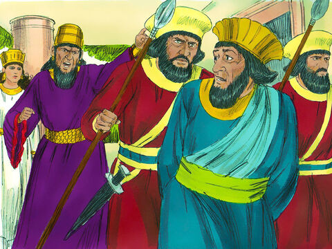 राजा ने आज्ञा दी, ‘हामान को उस पर लटका दो और उसे घात करने के लिए बाहर ले जाया गया। इसके बाद राजा की जलजलाहट ठंड़ी हो गई। – Slide número 5
