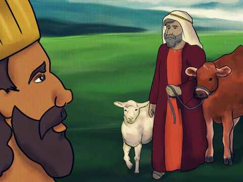 अबीमेलेक को धोखे के बारे में पता नहीं था। उसने अब्राहम से दया दिखाने को कहा ताकि वे शांति से रह सकें। अब्राहम सहमत हो गया और उसे मवेशी और भेड़ें दीं। – Slide número 3