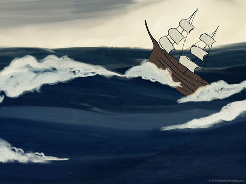 परमेश्वर ने एक प्रचण्ड आँधी भेजी जिसने समुद्र को हिला दिया।<br/>बड़ी लहरों ने जहाज़ को इतनी ज़ोर से हिलाया! – Slide número 12