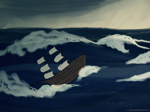 काँपते और भीगे हुए नाविक भयभीत थे।<br/>उन्होंने मदद के लिए अपने बुतपरस्त देवताओं को पुकारा लेकिन तूफान अभी भी भड़का हुआ था। – Slide número 13