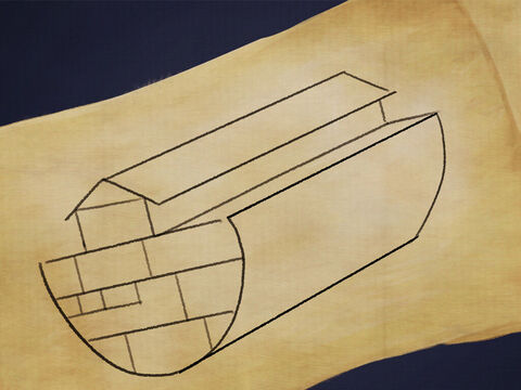 नूह को एक जहाज बनाना था जो बहुत लंबा और बहुत चौड़ा हो।<br/>उसे किनारों को ढकने के लिए लंबे लकड़ी के तख्तों और तारकोल की आवश्यकता थी। – Slide número 1