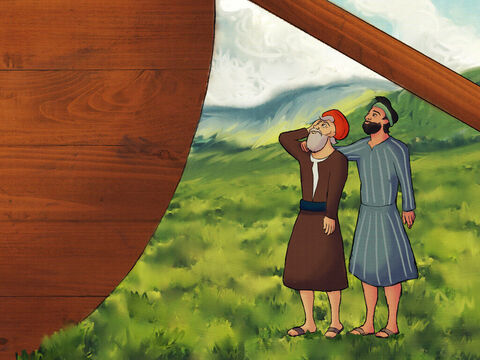 नूह ने परमेश्वर की आज्ञा मानी और वही किया जो उससे कहा गया था।<br/>जब जहाज़ बनकर तैयार हुआ तो नूह 600 वर्ष का था। – Slide número 4