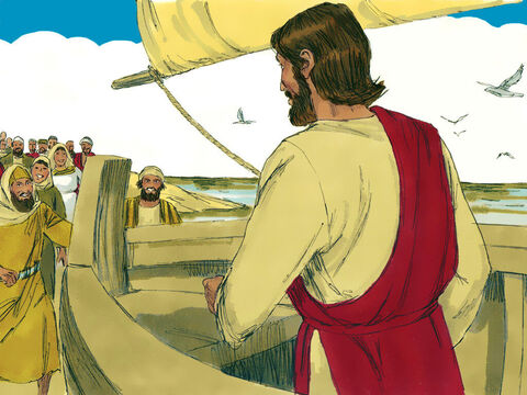 एक बड़ी भीड़ जो फसह मनाने वाले के लिए यरूशलेम जा रहे थे, नाव को देखकर उसके पीछे चल पड़े और किनारे पर यीशु से मिलने पहुंच गए। – Slide número 2