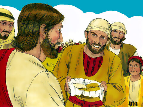 अंद्रियास, जो पतरस का भाई था, वह बोला, ‘यहाँ एक छोटे लड़क के पास पांच रोटी और दो मछलियां है। लेकिन ये इन लोगो के लिए कुछ भी नहीं। – Slide número 7